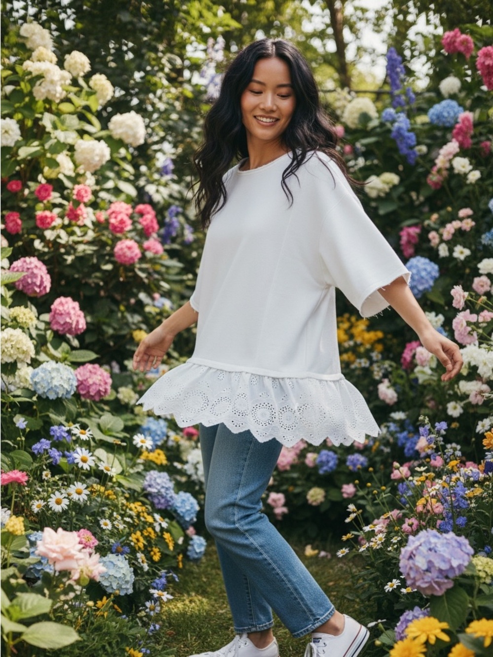 Caslon oversized Cotton White sweatshirt boho eyelet trim women’s Large
